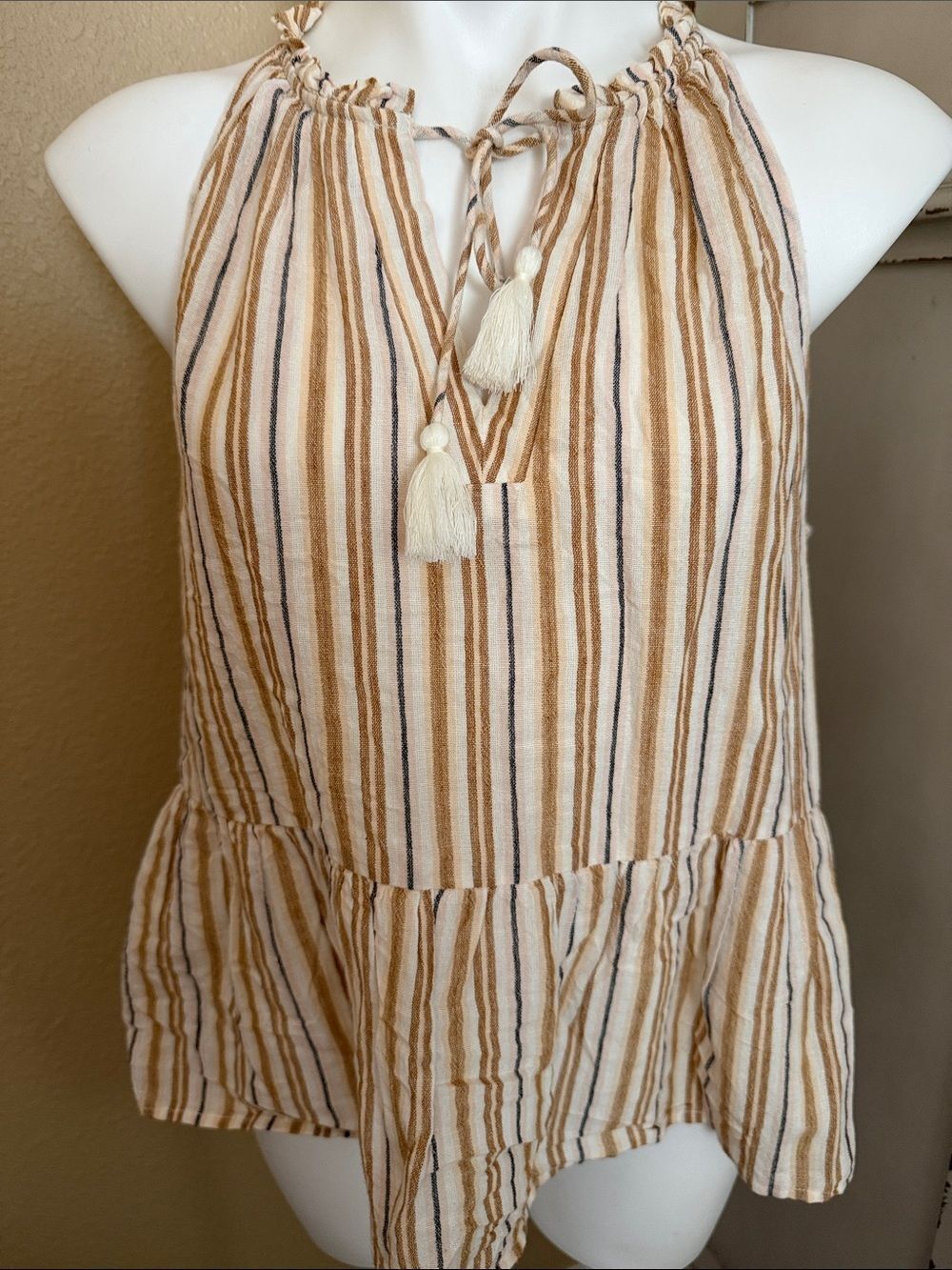 Lucky Brand Striped Tassel Halter Top in Ivory & Camel Large